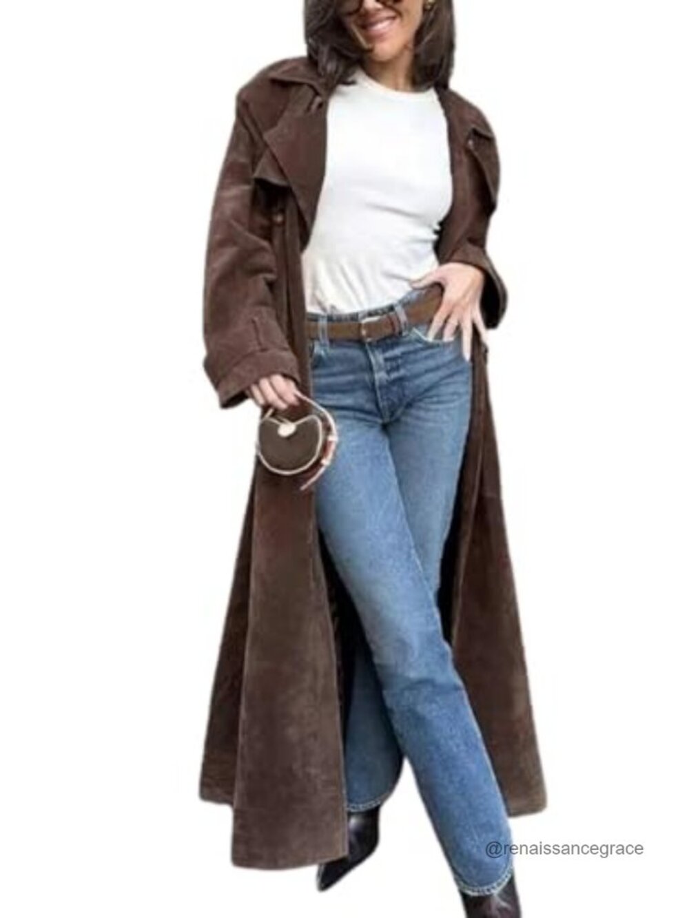 Faux Suede Long Trench Coat Notched Lapel Double Breasted Pea Coat with Belt